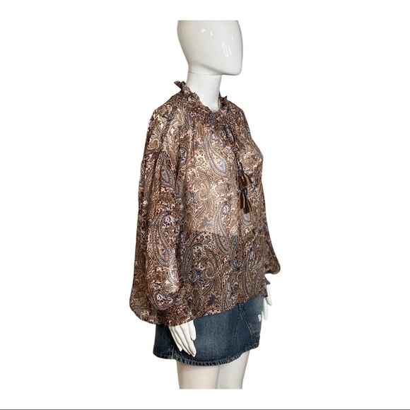 Zara Women Size M Blouse V Neck Long Sleeve Ruffle Sheer Top Paisley Tassel - Picture 8 of 14